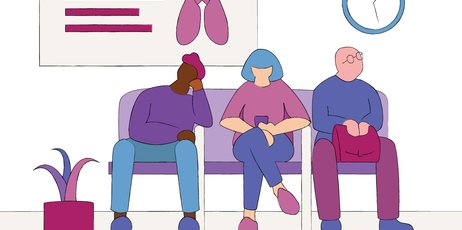 Eine Illustration zeigt drei Menschen, die im Wartezimmer einer Praxis warten. Sie sitzen alle nebeneinander auf einem Sofa und vermeiden Blickkontakt. 