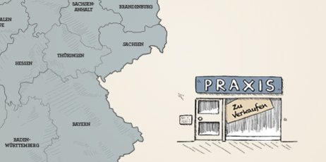 Ausschnitt einer Deutschlandkarte daneben eine Arztpraxis