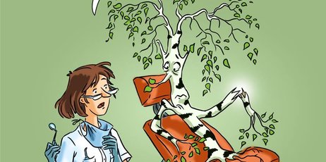 Ein Arzt in einem weißen Kittel und ein orangener Stuhl, auf dem ein Baum sitzt. Oben ist eine Sprechblase mit Text und der Hintergrund ist grün.