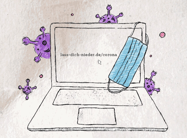 Laptop mit Mundschutz und Viren im Hintergrund