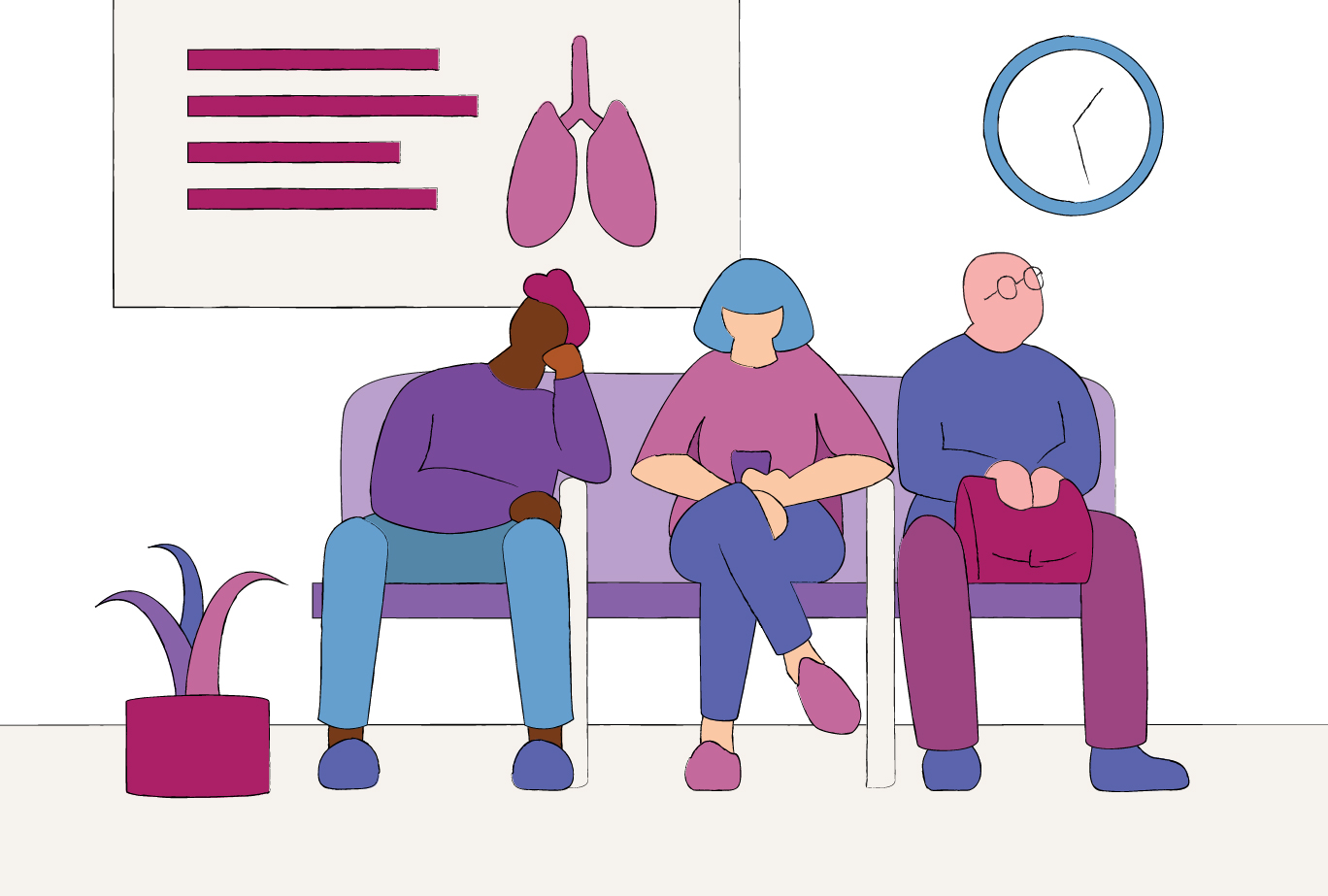 Eine Illustration zeigt drei Menschen, die im Wartezimmer einer Praxis warten. Sie sitzen alle nebeneinander auf einem Sofa und vermeiden Blickkontakt. 