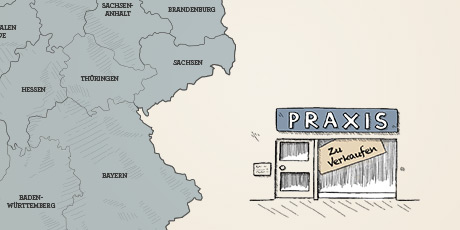 Ausschnitt einer Deutschlandkarte daneben eine Arztpraxis
