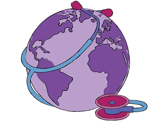 Eine Illustration zeigt die Weltkugel von einem Stethoskop umgeben. 