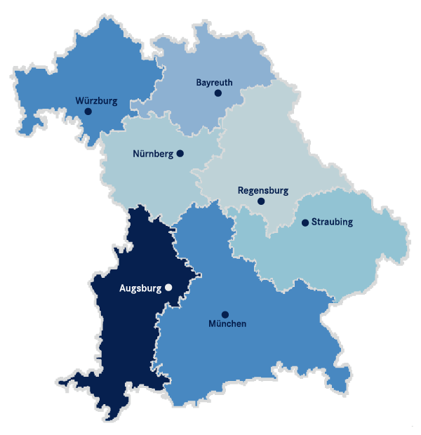 Bayernkarte mit acht Regierungsbezirken; Quelle: KVB