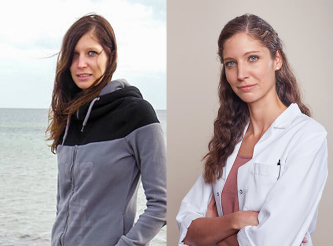 Eine Frau in Freizeitkleidung und später in einem weißen Kittel mit Stethoskop