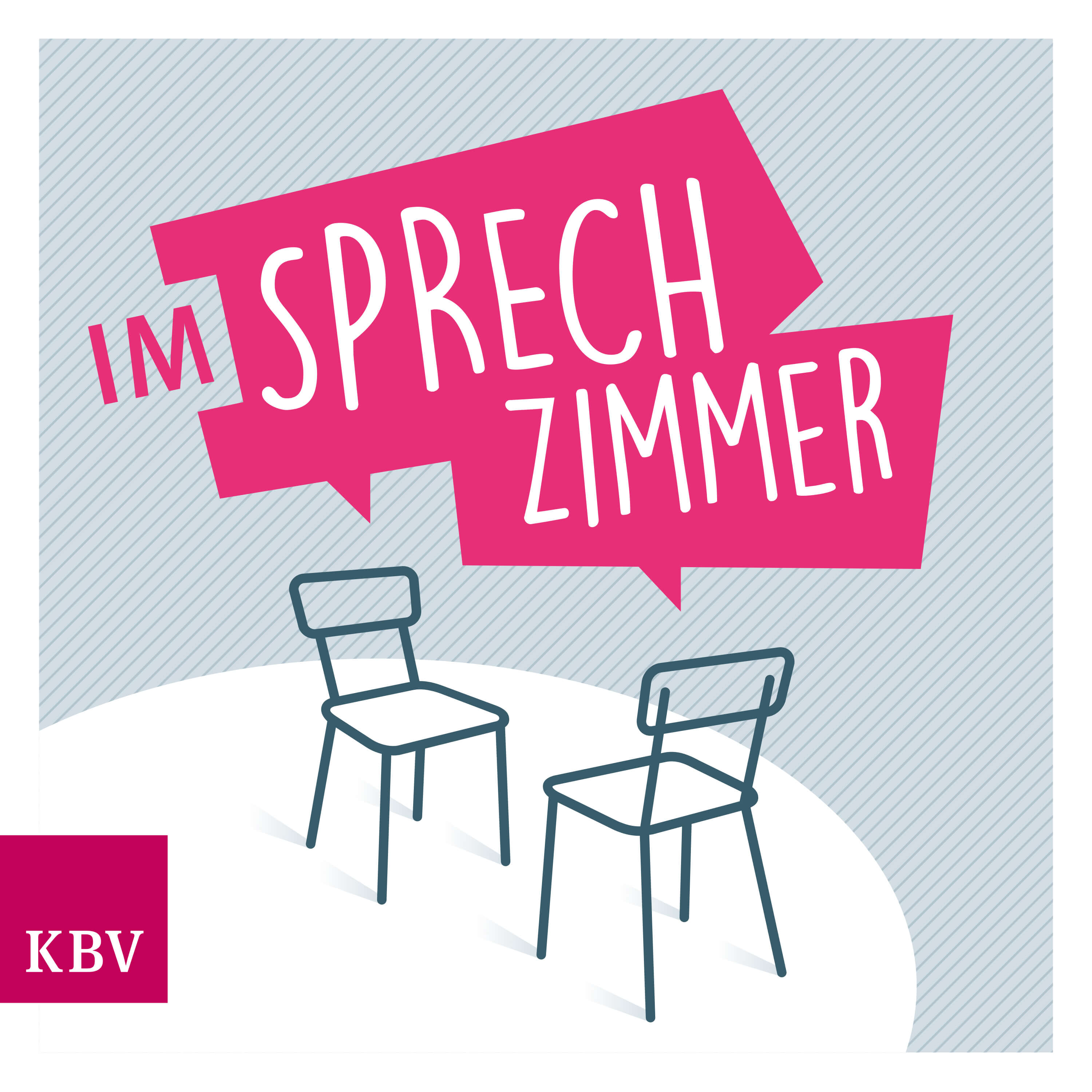 Podcast Im Sprechzimmer Logo mit zwei gezeichneten Stühlen
